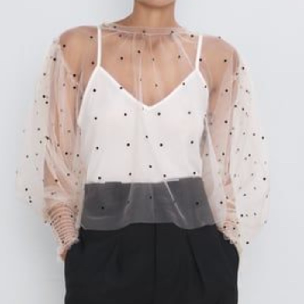 ISO ZARA blouse sheer with polka dots cream/black